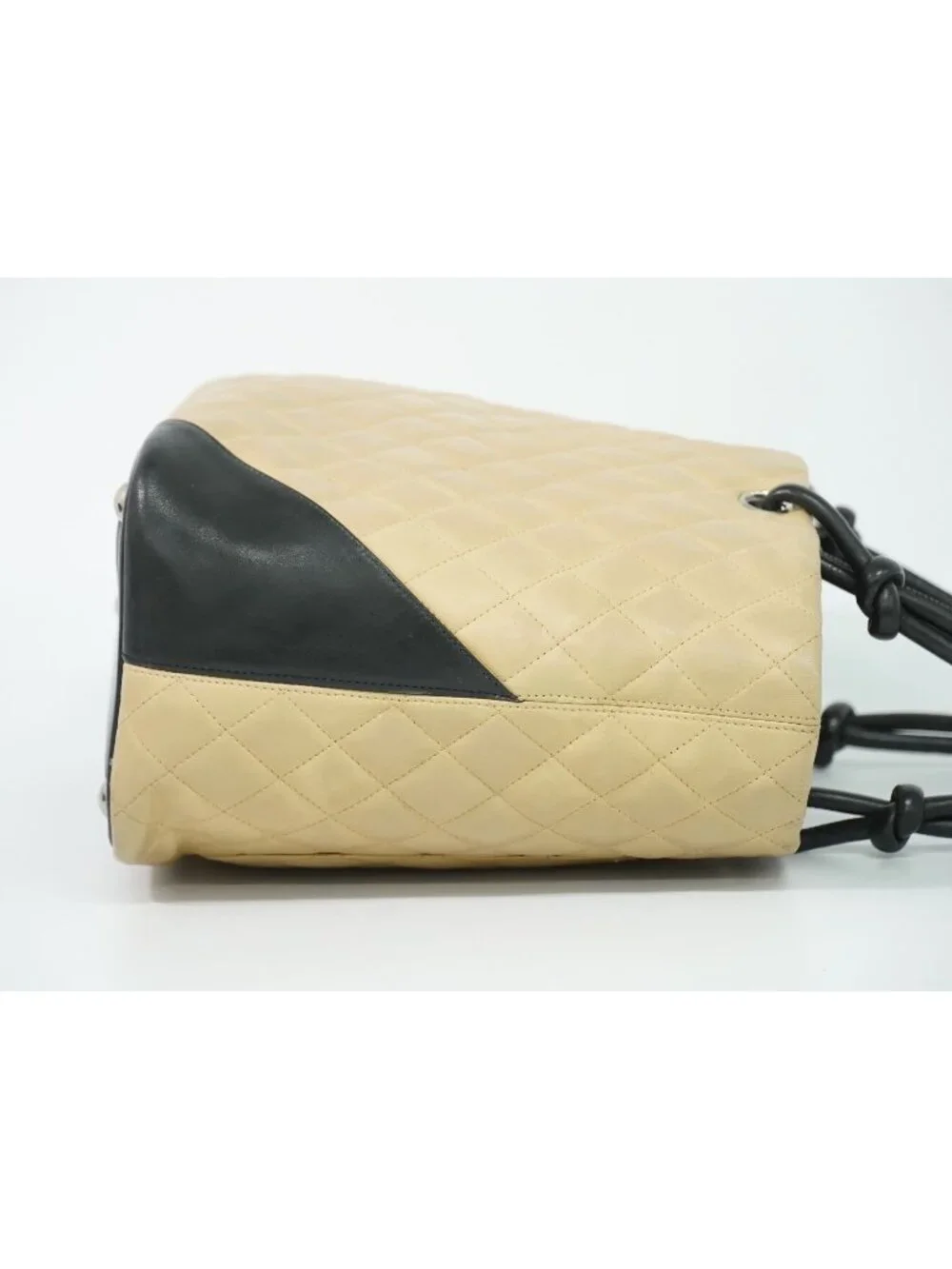 Chanel CC Logo Cambon Line Shoulder Bag Tote Leather Beige Vintage